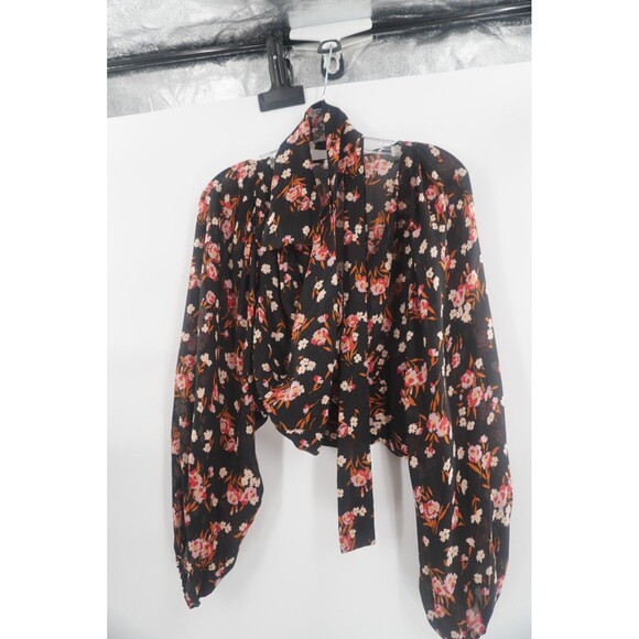 A.L.C. Carla Floral 100% Silk Wrap Floral Black Pink Ruffle Cuffs Blouse Size S - Picture 6 of 16